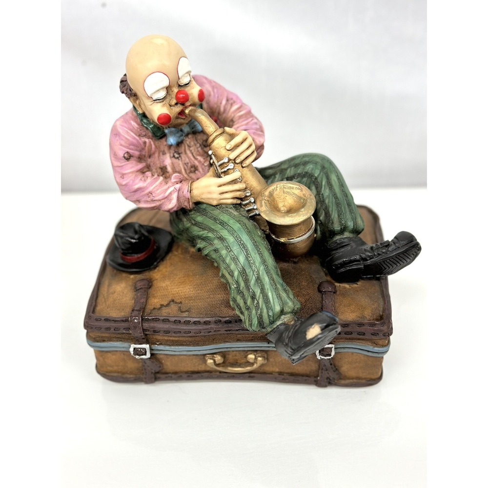 Vintage Resin Clown Musician Laying on Old Suitcase Display Figurine 8" Tall
